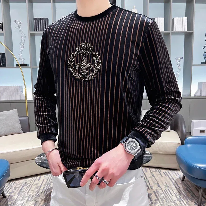 2023 Spring Velvet Striped T-shirt Men Luxury Rhinestone Slim Casual Sweatshirts Fashion Pullover Social Streetwear Men Clothing