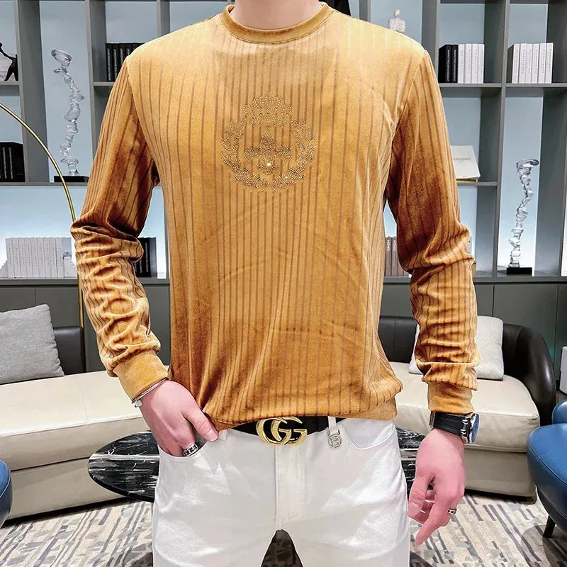 2023 Spring Velvet Striped T-shirt Men Luxury Rhinestone Slim Casual Sweatshirts Fashion Pullover Social Streetwear Men Clothing