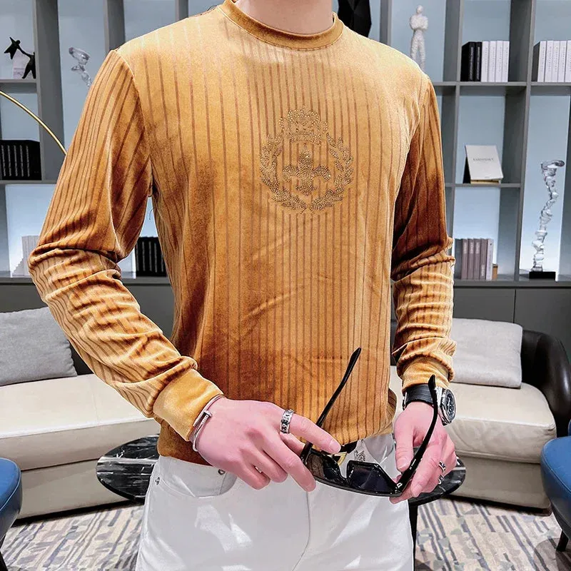 2023 Spring Velvet Striped T-shirt Men Luxury Rhinestone Slim Casual Sweatshirts Fashion Pullover Social Streetwear Men Clothing