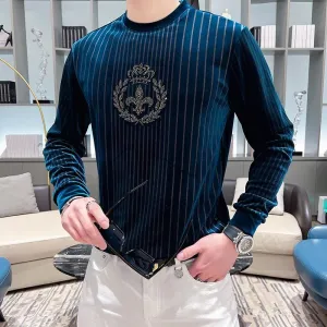 2023 Spring Velvet Striped T-shirt Men Luxury Rhinestone Slim Casual Sweatshirts Fashion Pullover Social Streetwear Men Clothing