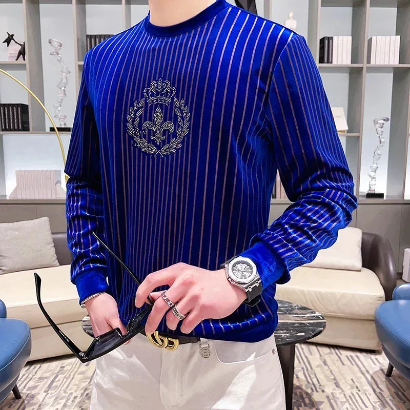 2023 Spring Velvet Striped T-shirt Men Luxury Rhinestone Slim Casual Sweatshirts Fashion Pullover Social Streetwear Men Clothing