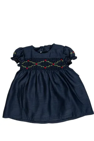 30047-Smocked Silk Navy Baby Girl Short Sleeve Dress