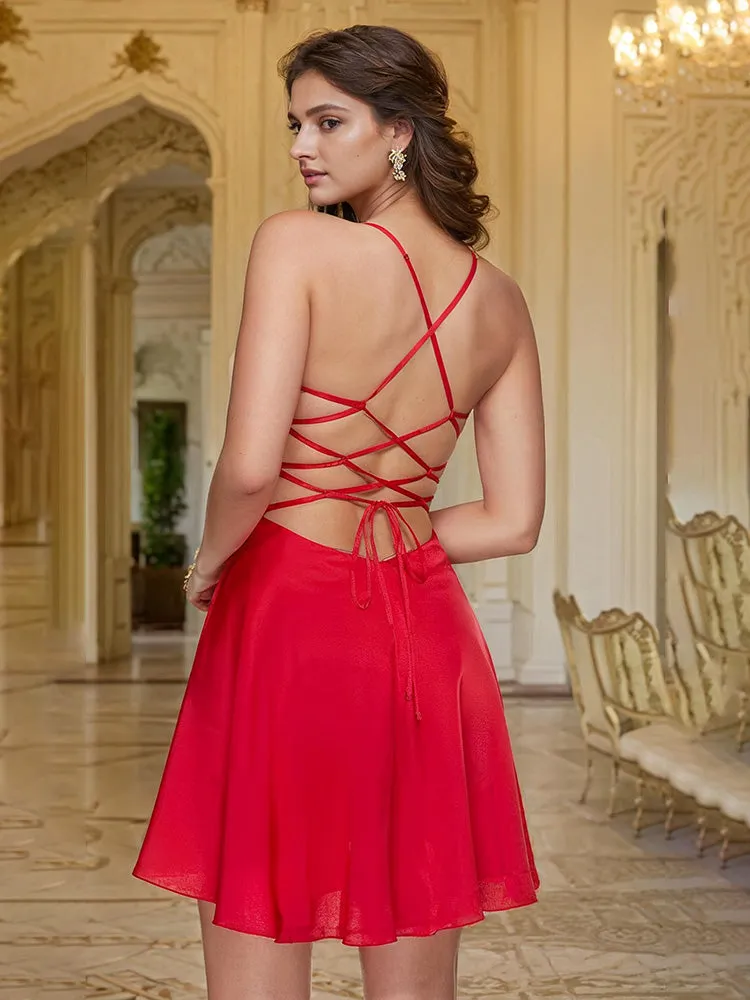 A Line Spaghetti Straps Cowl Neck Soft Satin Homecoming Dresses