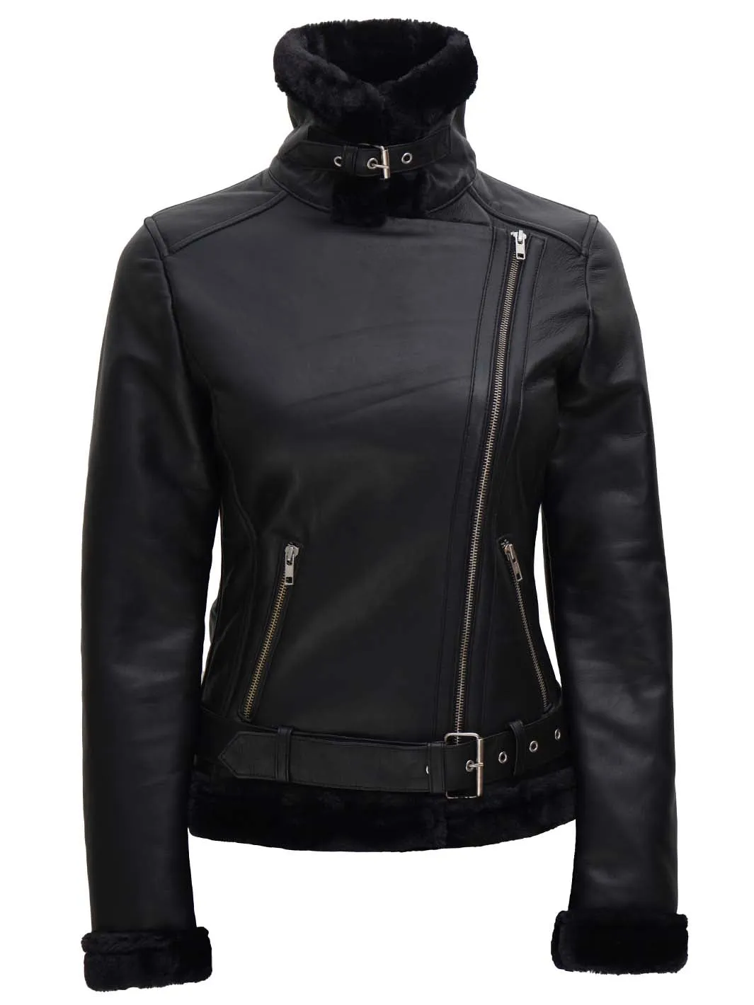 Agnes Womens Black Leather Shearling Jacket