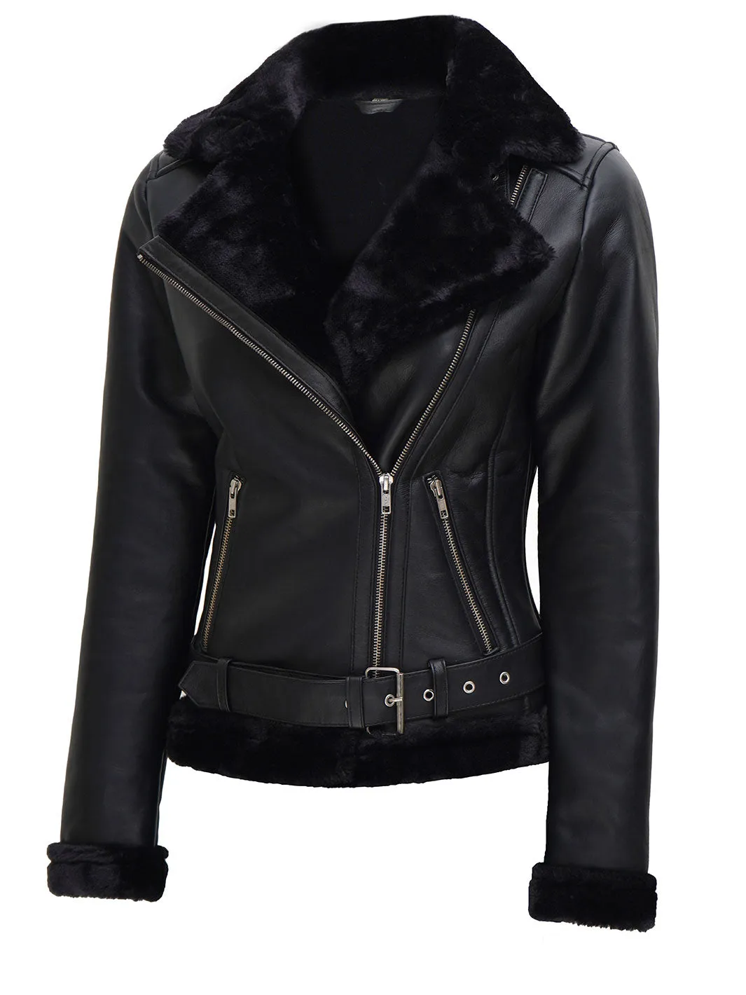 Agnes Womens Black Leather Shearling Jacket