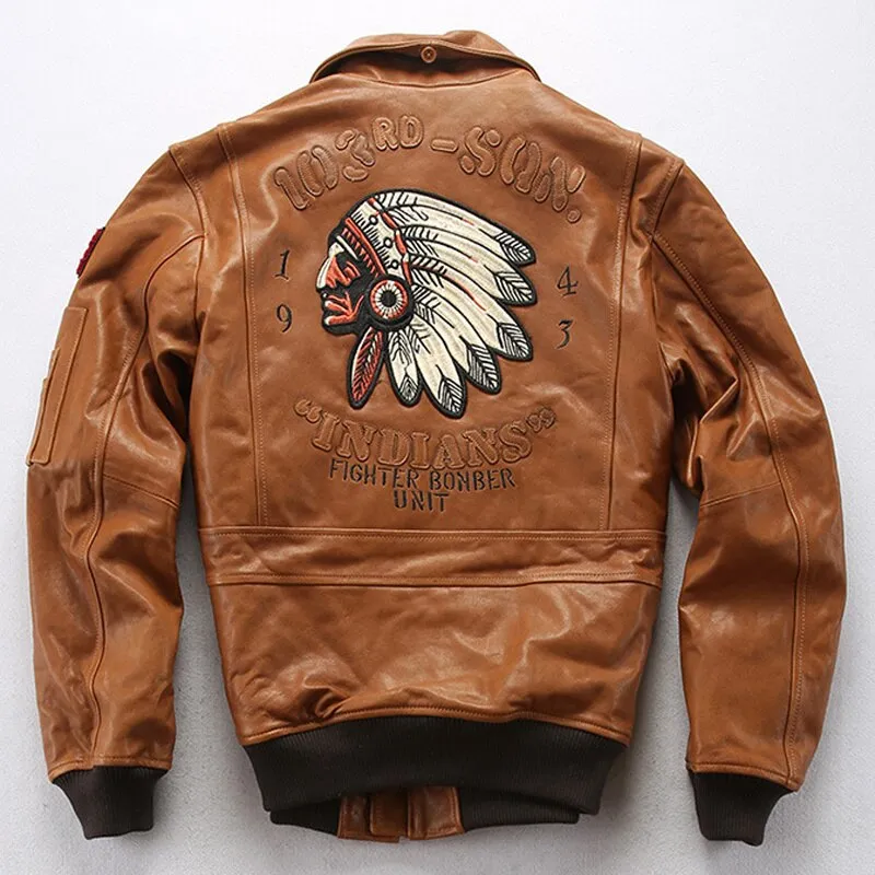 Air Force Men Sheepskin Leather Jacket Oversized 3D Indian Head