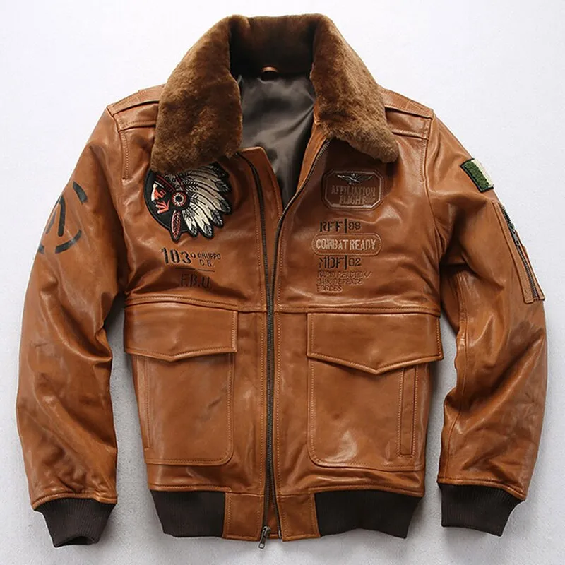 Air Force Men Sheepskin Leather Jacket Oversized 3D Indian Head