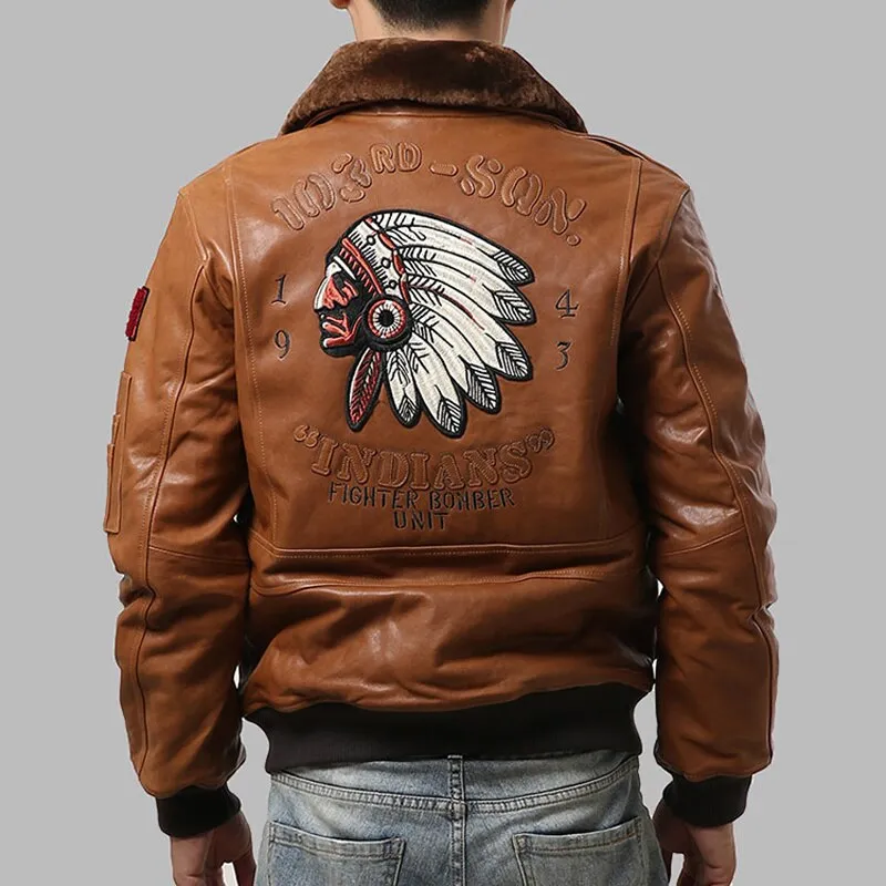 Air Force Men Sheepskin Leather Jacket Oversized 3D Indian Head
