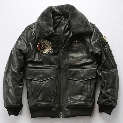 Air Force Men Sheepskin Leather Jacket Oversized 3D Indian Head
