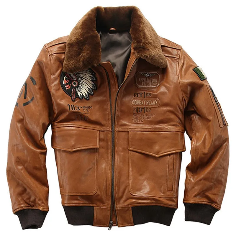 Air Force Men Sheepskin Leather Jacket Oversized 3D Indian Head