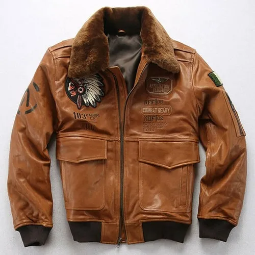 Air Force Men Sheepskin Leather Jacket Oversized 3D Indian Head
