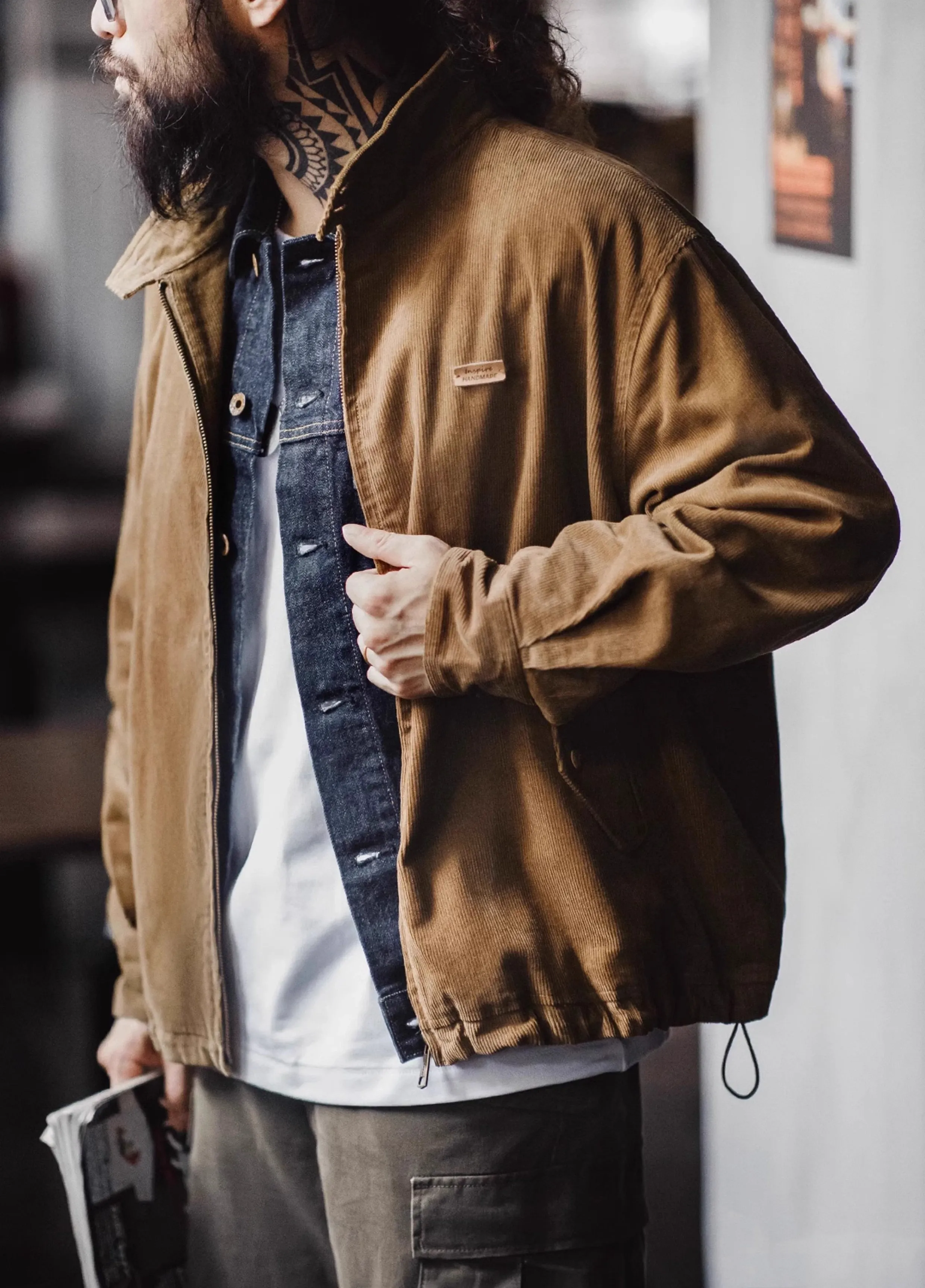 American Retro Corduroy Workwear Harrington Stand Collar Men's Jacket