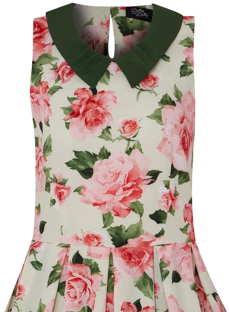 Annette 1950s Inspired above-knee-length flared, Pink Rose Print in Yellow Dress