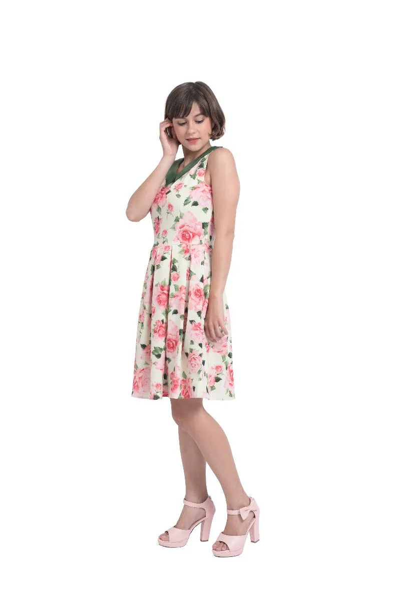 Annette 1950s Inspired above-knee-length flared, Pink Rose Print in Yellow Dress