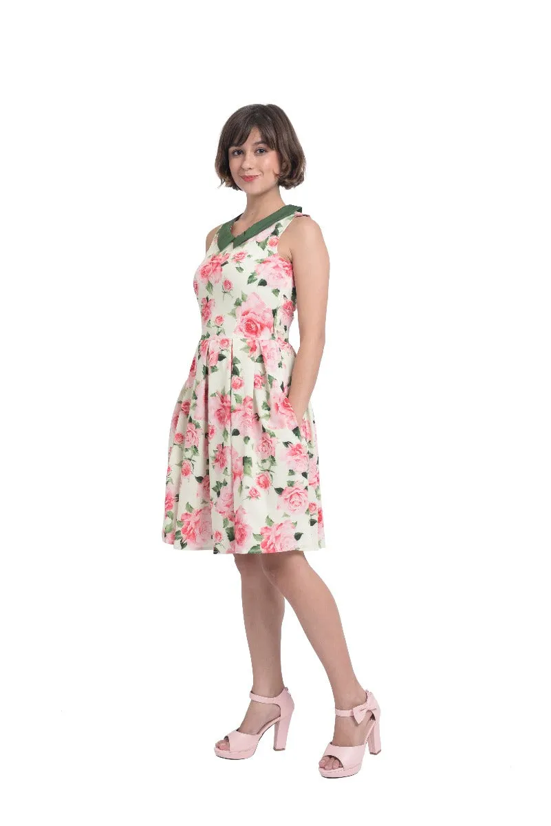Annette 1950s Inspired above-knee-length flared, Pink Rose Print in Yellow Dress