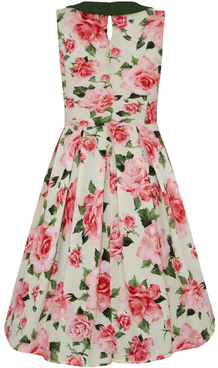 Annette 1950s Inspired above-knee-length flared, Pink Rose Print in Yellow Dress
