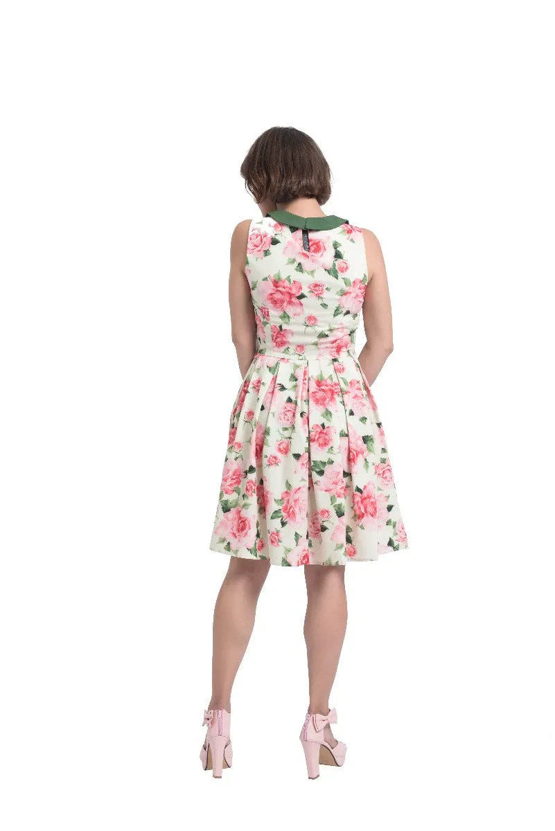 Annette 1950s Inspired above-knee-length flared, Pink Rose Print in Yellow Dress