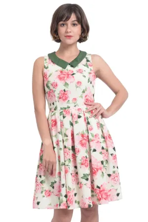 Annette 1950s Inspired above-knee-length flared, Pink Rose Print in Yellow Dress