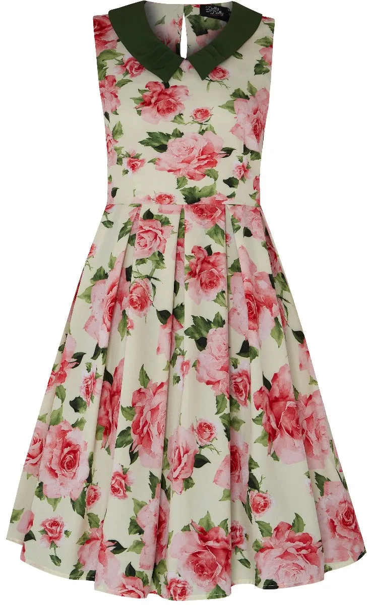 Annette 1950s Inspired above-knee-length flared, Pink Rose Print in Yellow Dress