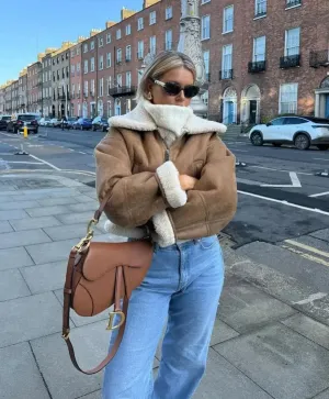 Autumn Winter Vintage Faux Cropped Thick Warm Lapel Fleece Long Coat