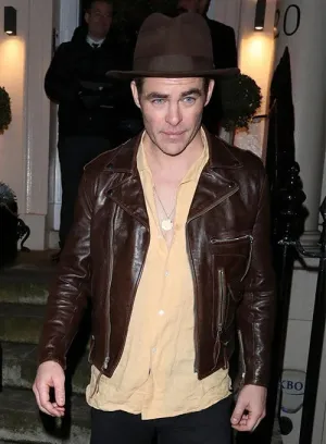 BROWN LEATHER JACKET WORN BY CHRIS PINE