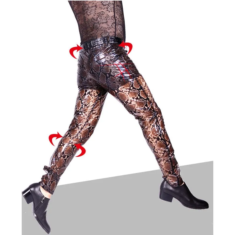 Brown Snake Skin Printed Leather Pants