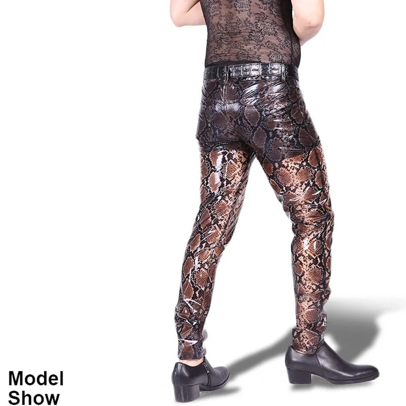 Brown Snake Skin Printed Leather Pants