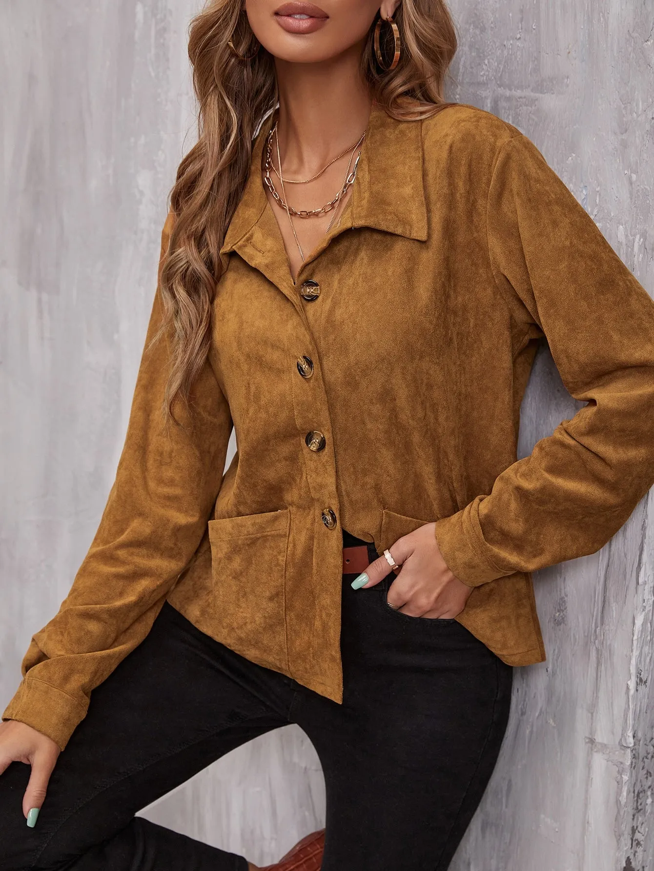 Casual Plain Long Sleeve Collar Regular Women Jacket