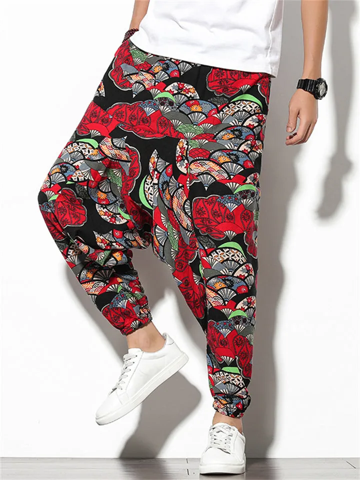 Chinese Style Fan & Dragon Print Harem Pants
