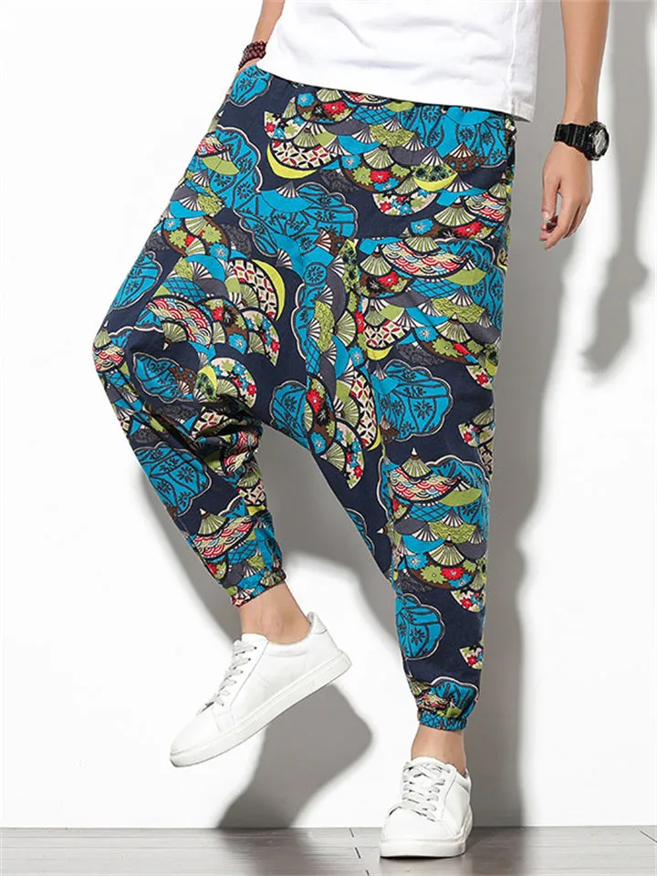 Chinese Style Fan & Dragon Print Harem Pants