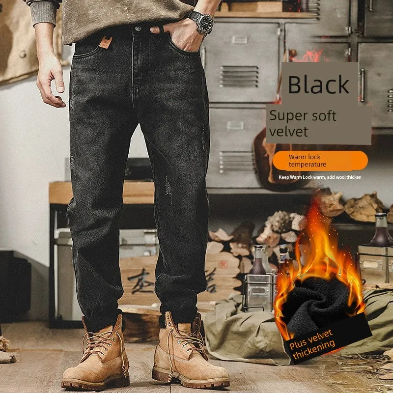 Classic American Style Retro Autumn Washed Fleece Padded Jeans