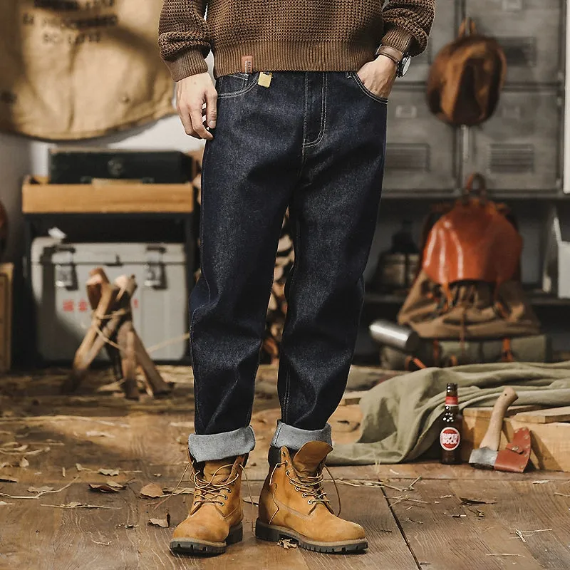 Classic American Style Retro Autumn Washed Fleece Padded Jeans