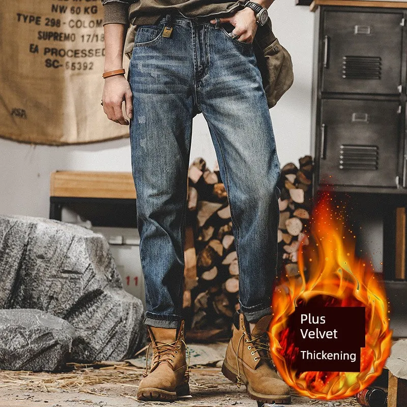 Classic American Style Retro Autumn Washed Fleece Padded Jeans
