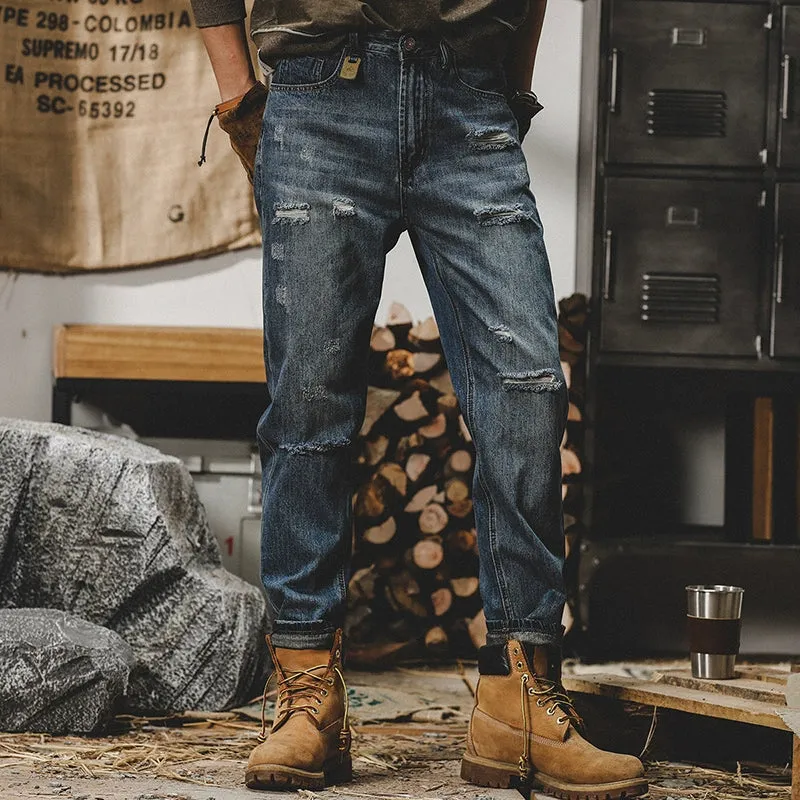 Classic American Style Retro Autumn Washed Fleece Padded Jeans