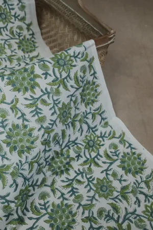 Cream with Green Floral Sanganeri Cotton Fabric - 0.5m