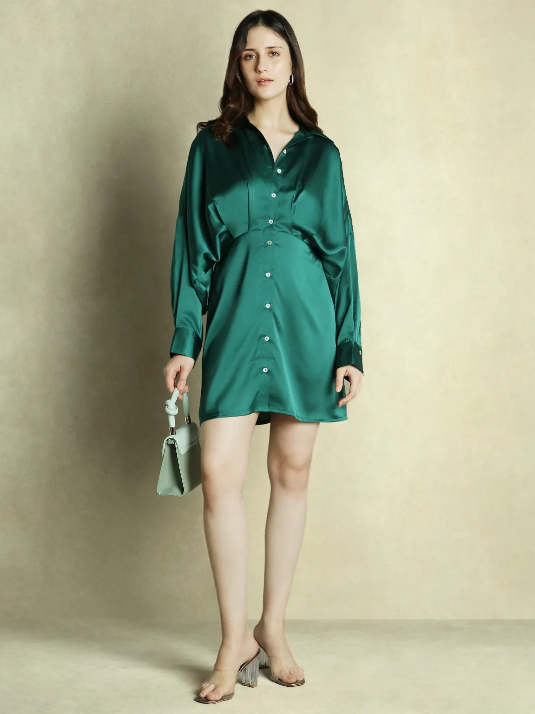 DL Woman Dark Green Shirt collar Satin Dress