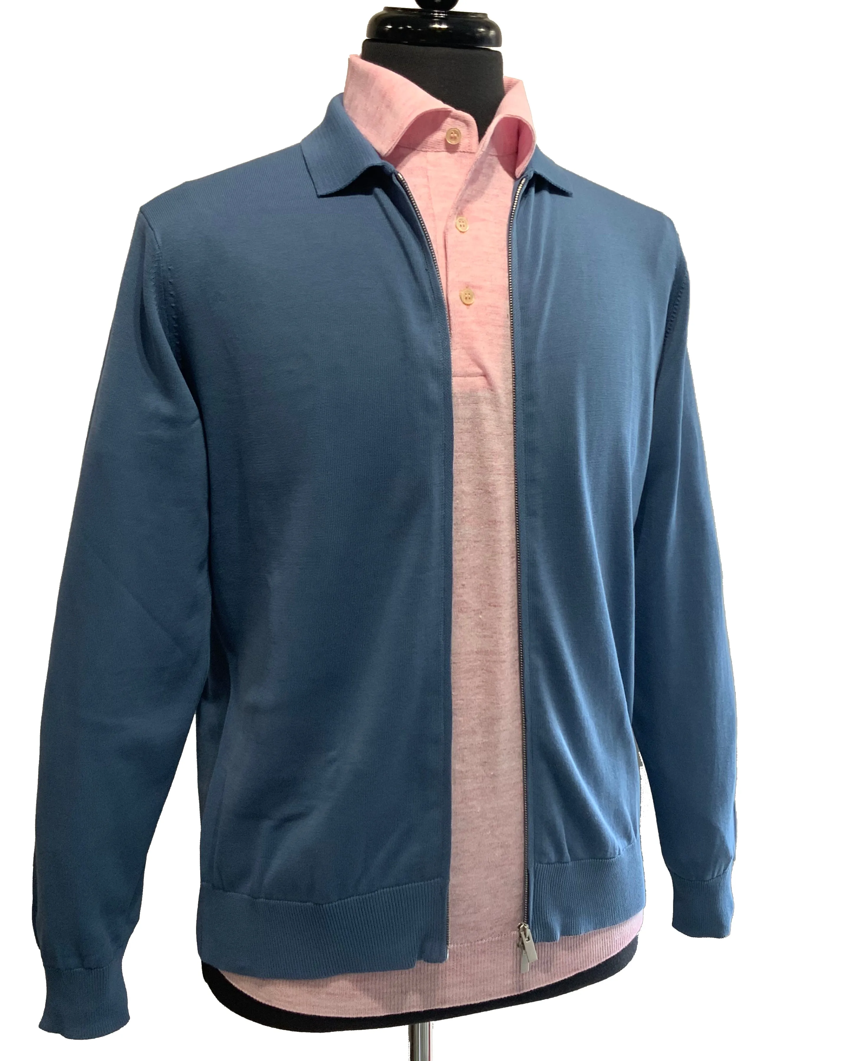FILIPPO DE LAURENTIIS - Avio Blue Full Zip Collared Crepe Cotton Cardigan