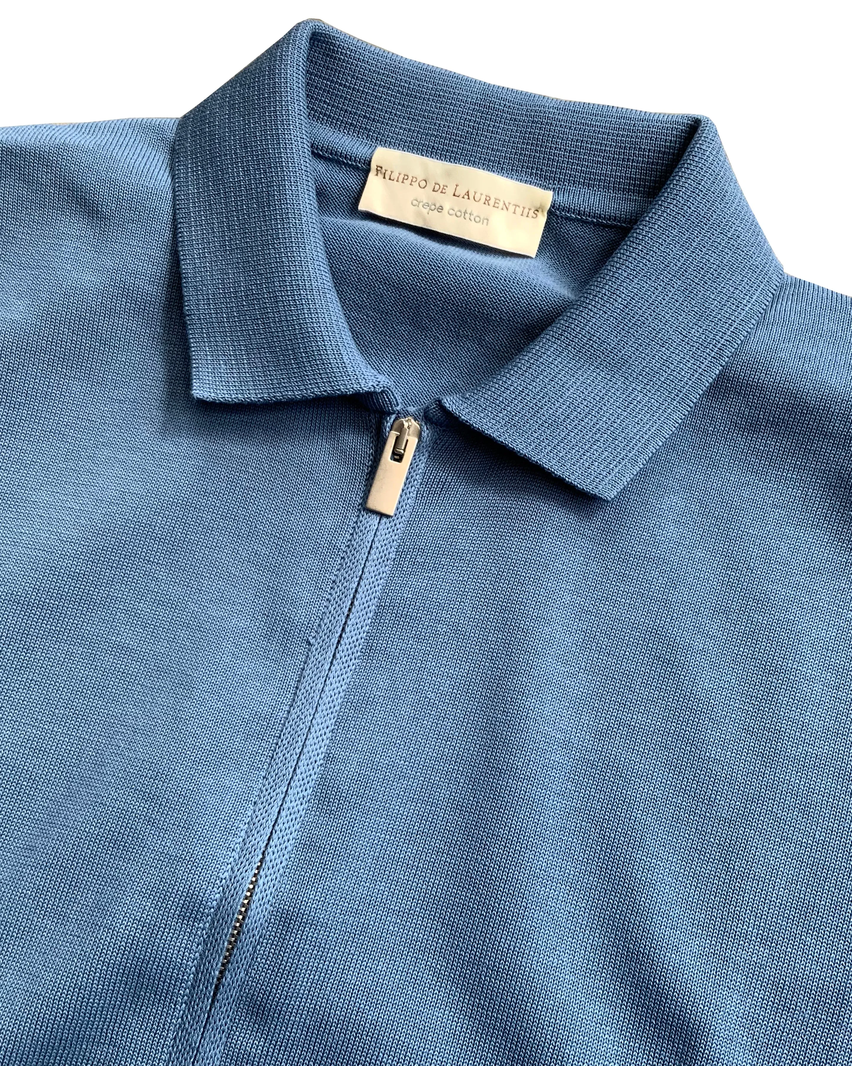 FILIPPO DE LAURENTIIS - Avio Blue Full Zip Collared Crepe Cotton Cardigan