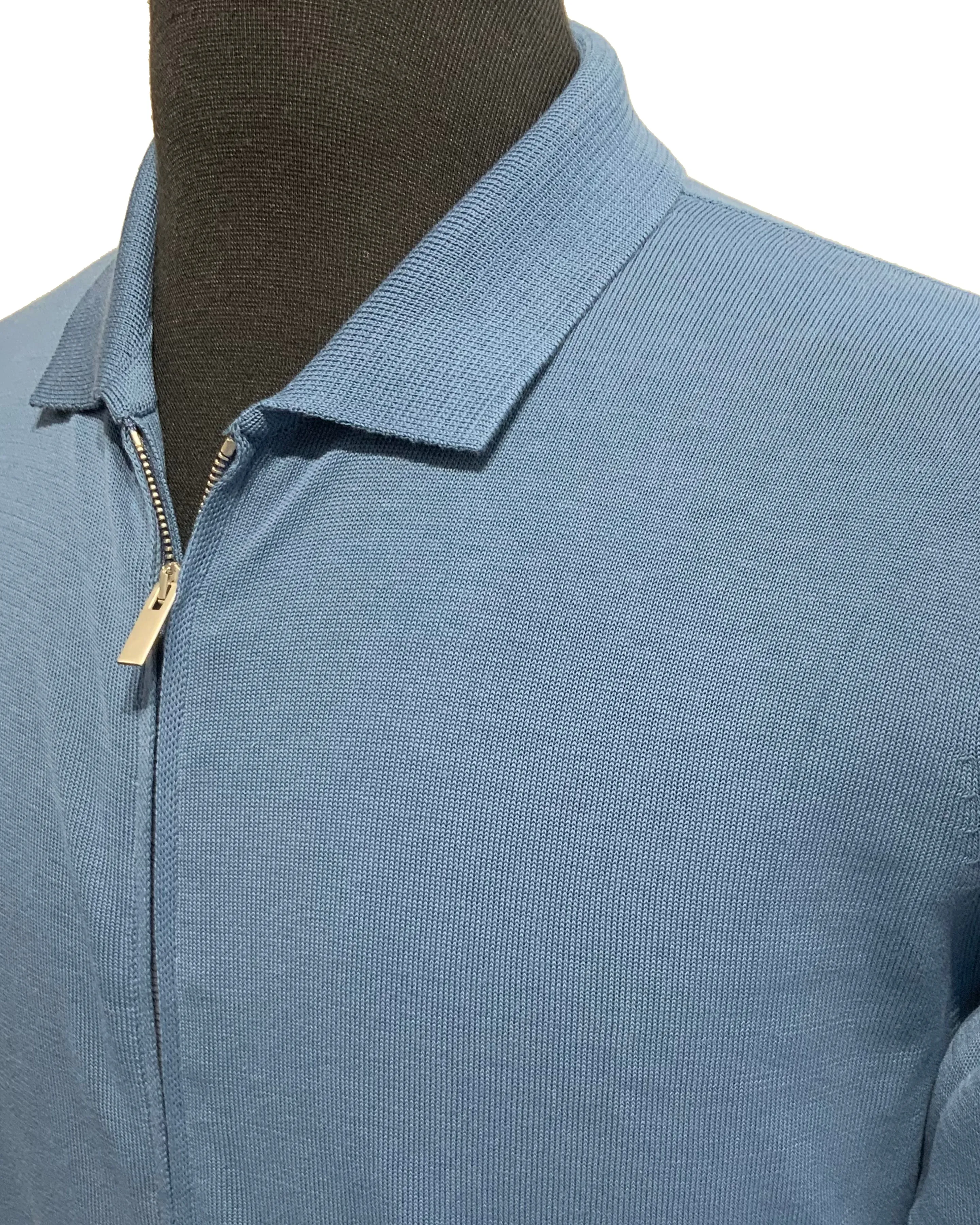 FILIPPO DE LAURENTIIS - Avio Blue Full Zip Collared Crepe Cotton Cardigan