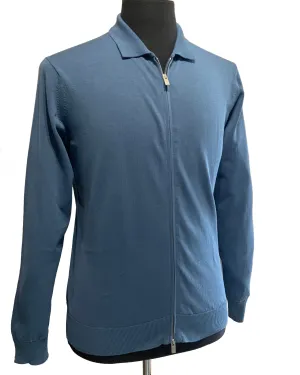 FILIPPO DE LAURENTIIS - Avio Blue Full Zip Collared Crepe Cotton Cardigan