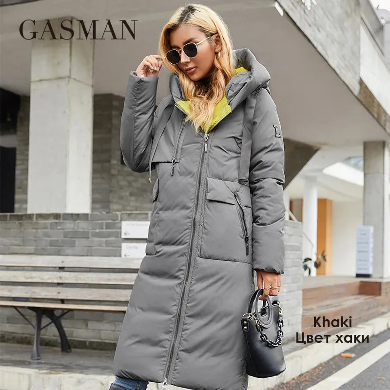 GASMAN 2022 Neue frauen unten jacke Marke mode Lange Frauen winter parka Kontrast mit kapuze oberbekleidung tasche stepp mäntel 21339