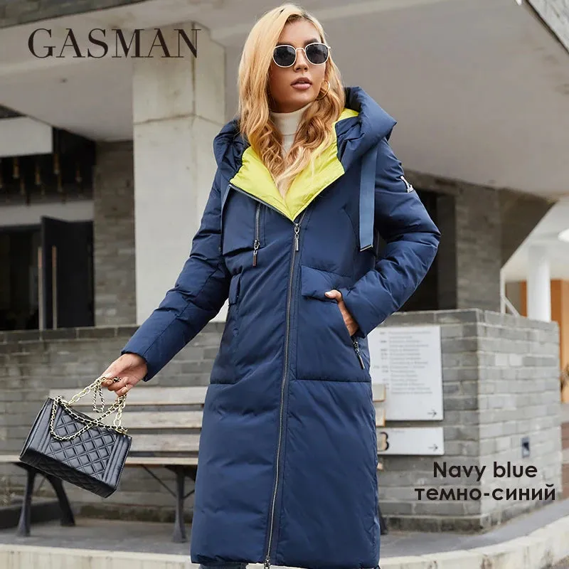 GASMAN 2022 Neue frauen unten jacke Marke mode Lange Frauen winter parka Kontrast mit kapuze oberbekleidung tasche stepp mäntel 21339