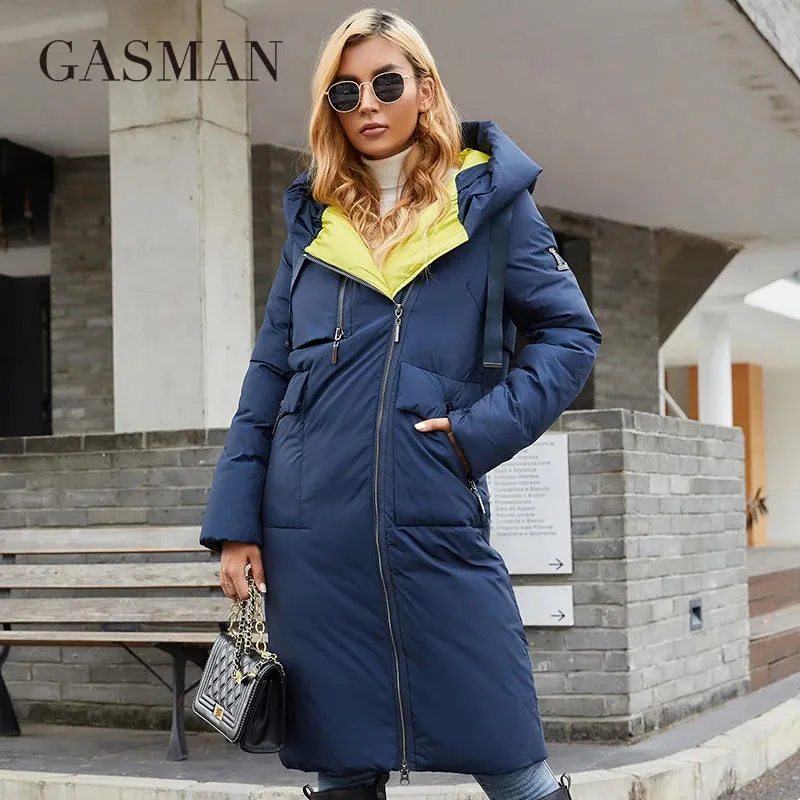 GASMAN 2022 Neue frauen unten jacke Marke mode Lange Frauen winter parka Kontrast mit kapuze oberbekleidung tasche stepp mäntel 21339