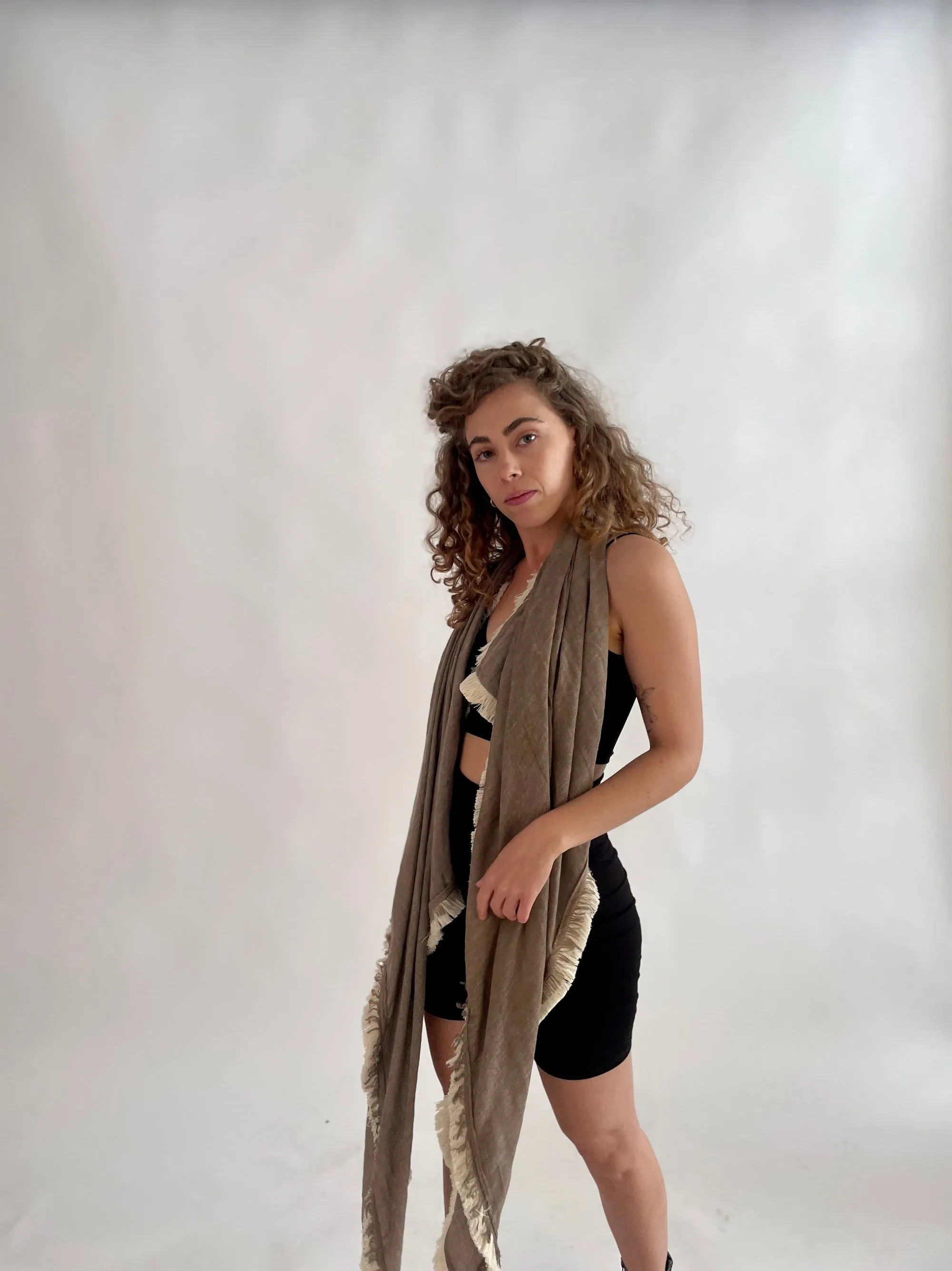 Huge Fringed Scarf - Stone & Cream