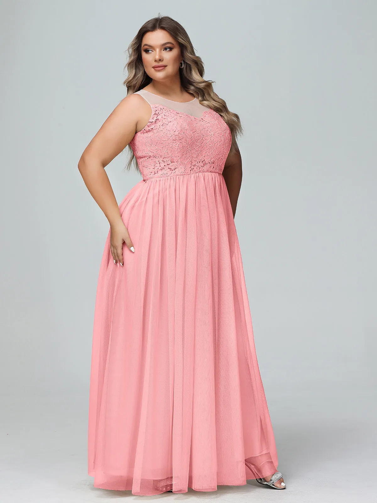 Illusion Neckline Lace and Tulle Maxi Dress-Flamingo Plus Size
