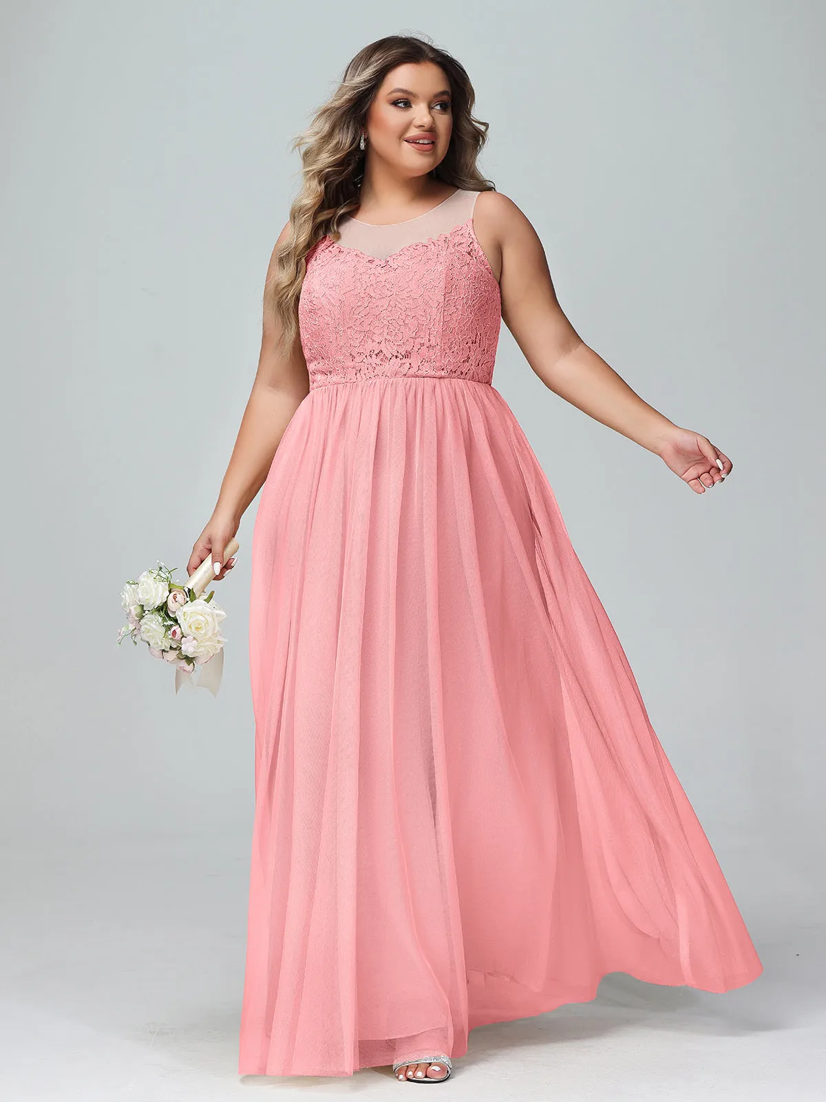 Illusion Neckline Lace and Tulle Maxi Dress-Flamingo Plus Size