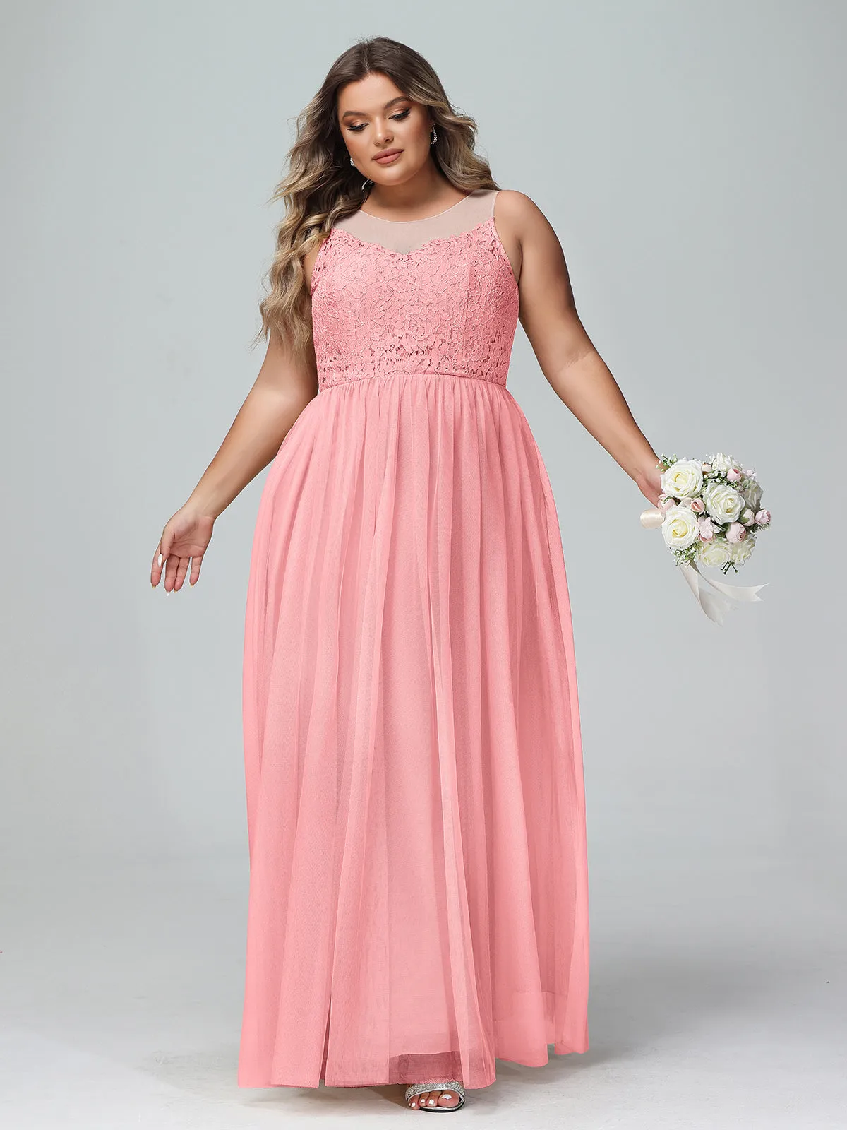 Illusion Neckline Lace and Tulle Maxi Dress-Flamingo Plus Size