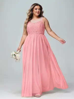 Illusion Neckline Lace and Tulle Maxi Dress-Flamingo Plus Size