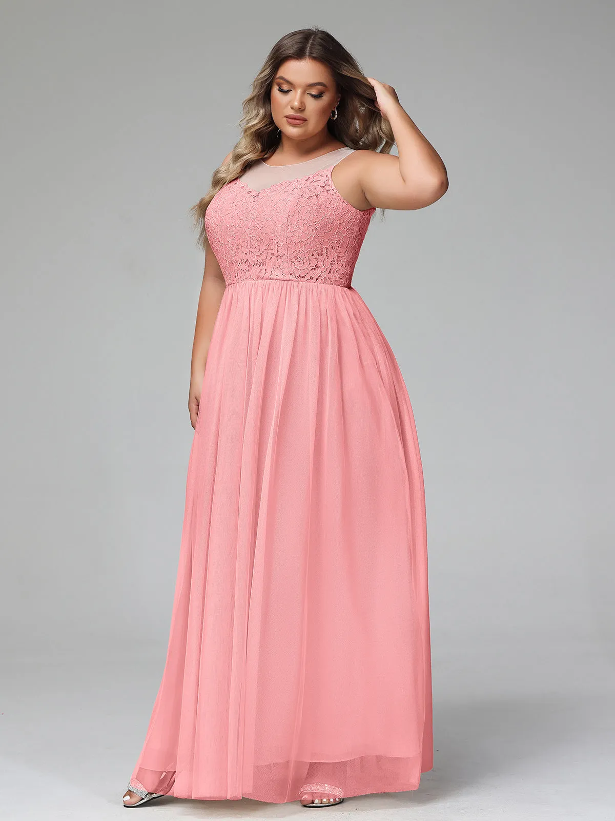 Illusion Neckline Lace and Tulle Maxi Dress-Flamingo Plus Size