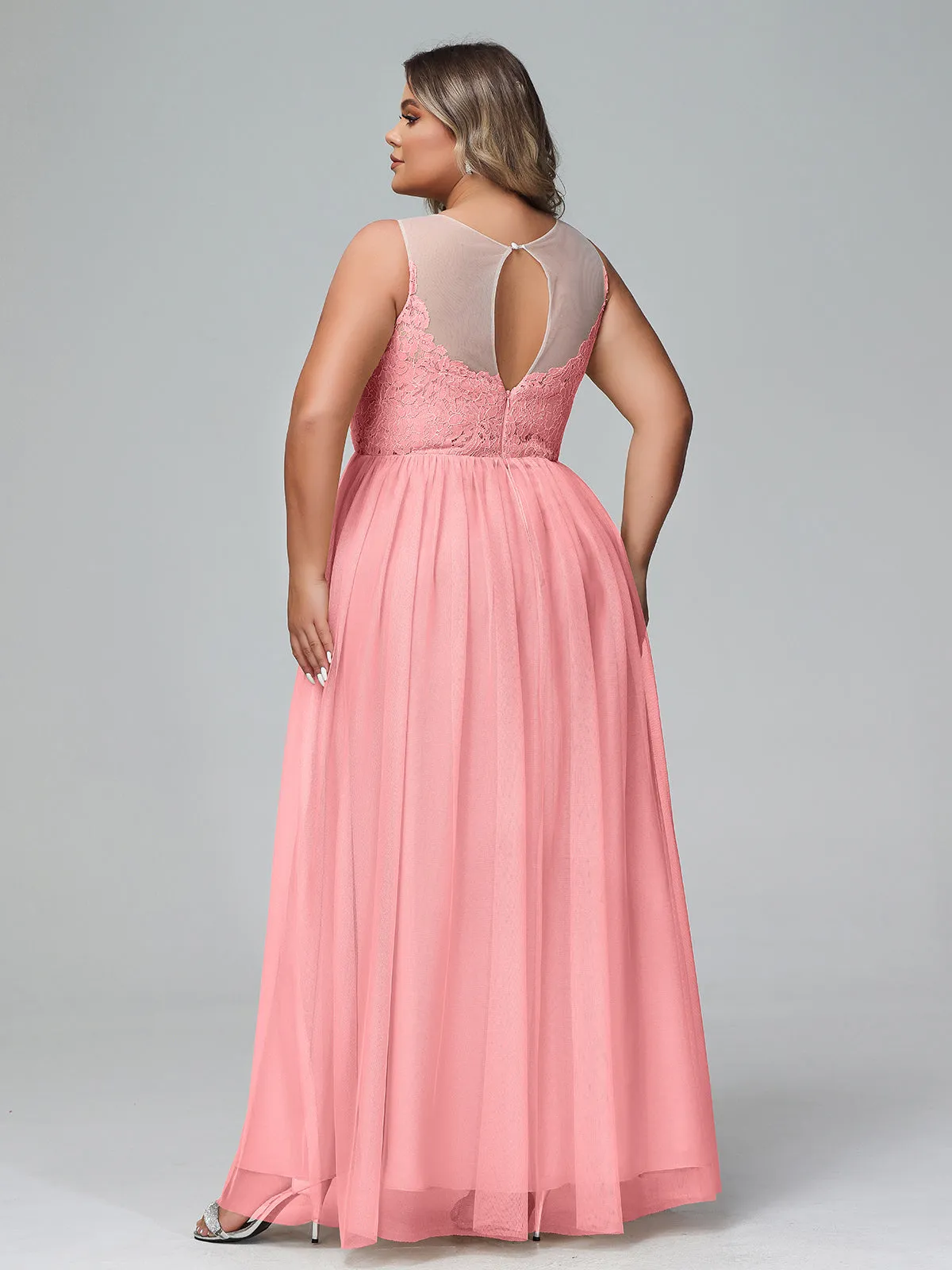Illusion Neckline Lace and Tulle Maxi Dress-Flamingo Plus Size